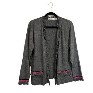Karen Lessly Gray Black Fringe Open Front Cardigan Top Long Sleeves Women Size L